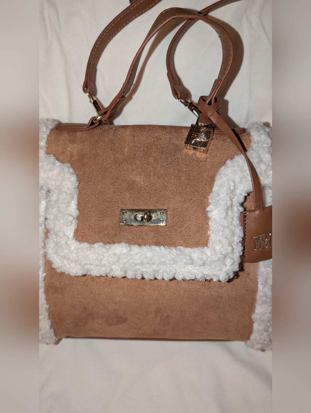 Badgley Mischka Vegan Leather Satchel Handbag Fur Border Brown NWT - Picture 10 of 10